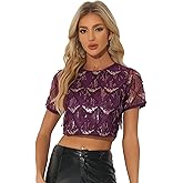 Allegra K Women's Sequin Shiny Glitter Crop Top Christmas Short Sleeves Sexy Party Tassel T-Shirt