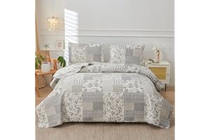 GREEN ESSEN Grey White Floral Plaid Quilt Full/Queen Size Lightweight Patchwork Bedspread Soft Breathable Check Quilts Gingham Bedding Checker Pattern Coverlet Bed Cover Set Geometric Home Decor