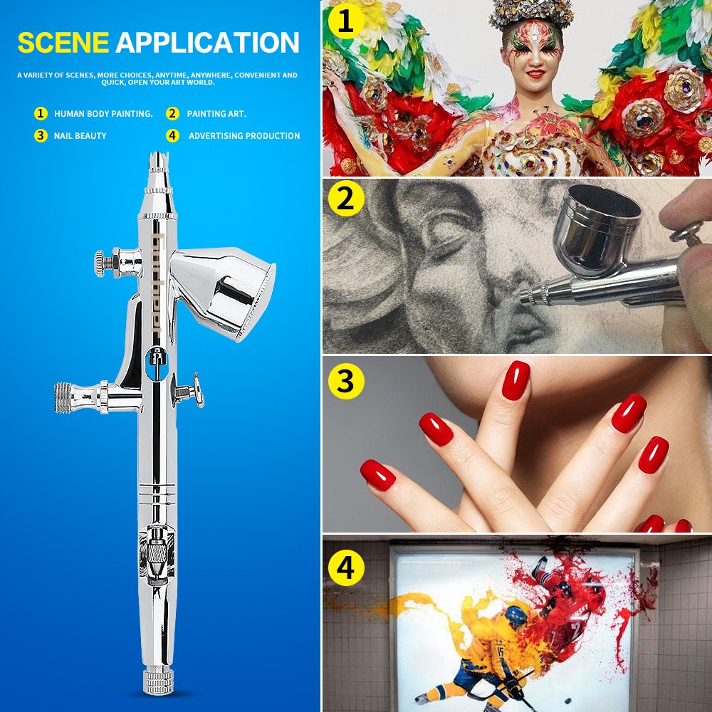 Gocheer Aerografo de alimentación por gravedad de doble acción de alta precisión con boquillas de 0.2 0.3 0.5 mm y manguera de 1/8\