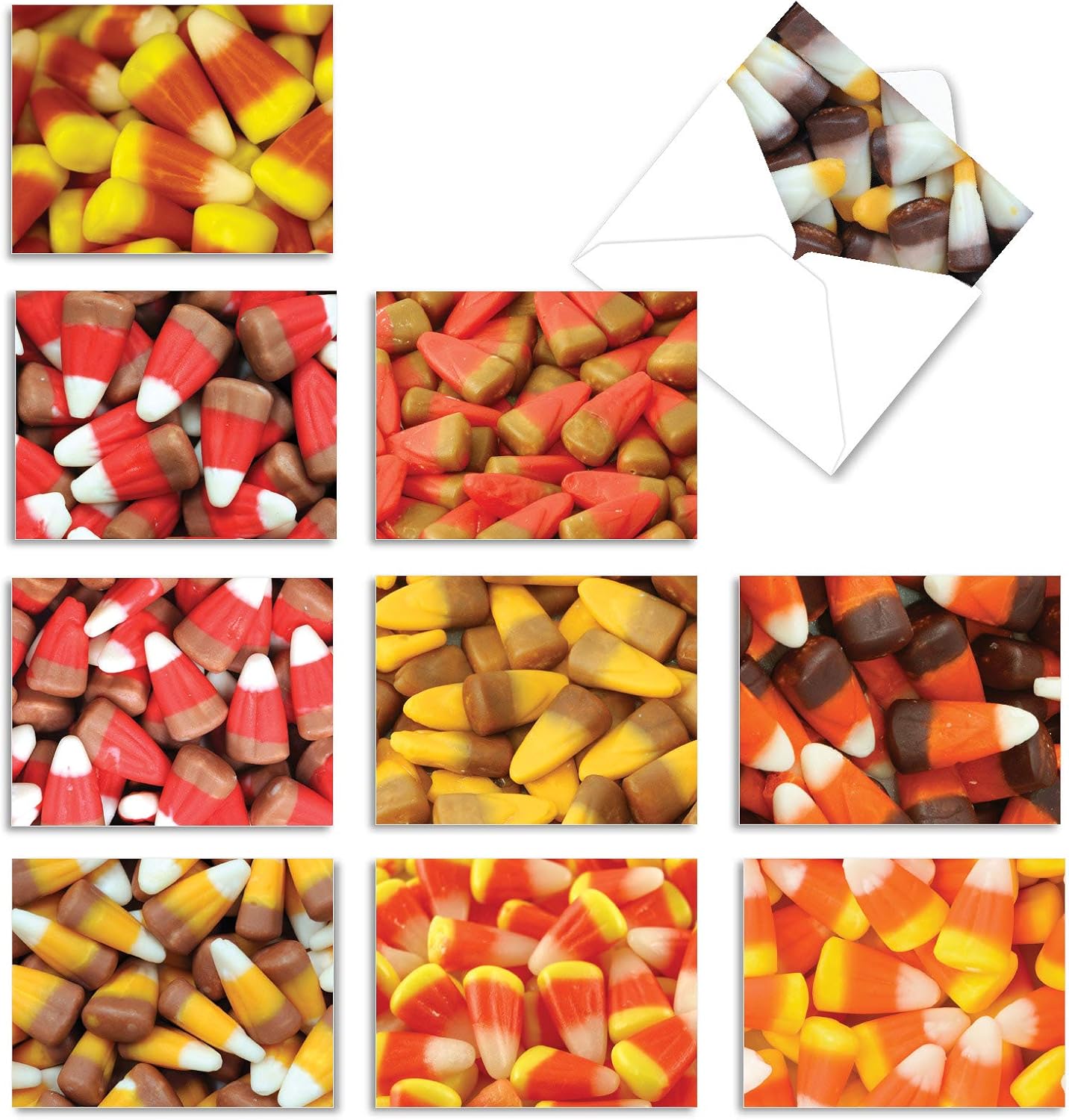 The Best Card Company - 10 Halloween Note Cards Boxed (4 x 5.12 Inch) - Fun and Spooky Assorted Greetings, Kids Halloween Cards with Envelopes - Corny Candies M5003