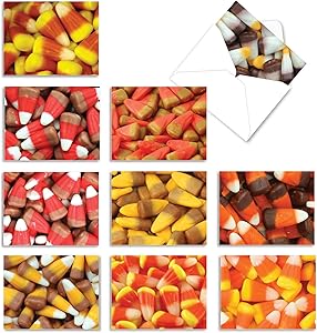 The Best Card Company - 10 Halloween Note Cards Boxed (4 x 5.12 Inch) - Fun and Spooky Assorted Greetings, Kids Halloween Cards with Envelopes - Corny Candies M5003