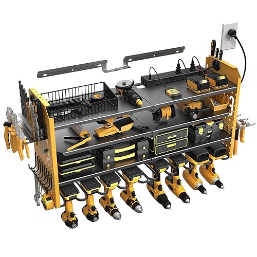 SUPERDANNY Power Tool Organizer Wall Mount with Charging Station, Adjustable 4-Tier 8 Drill Storage Shelf Garage Organization, Cordless Drill Hanger Tool Battery Holder Storage Rack with 6 AC 4 USB