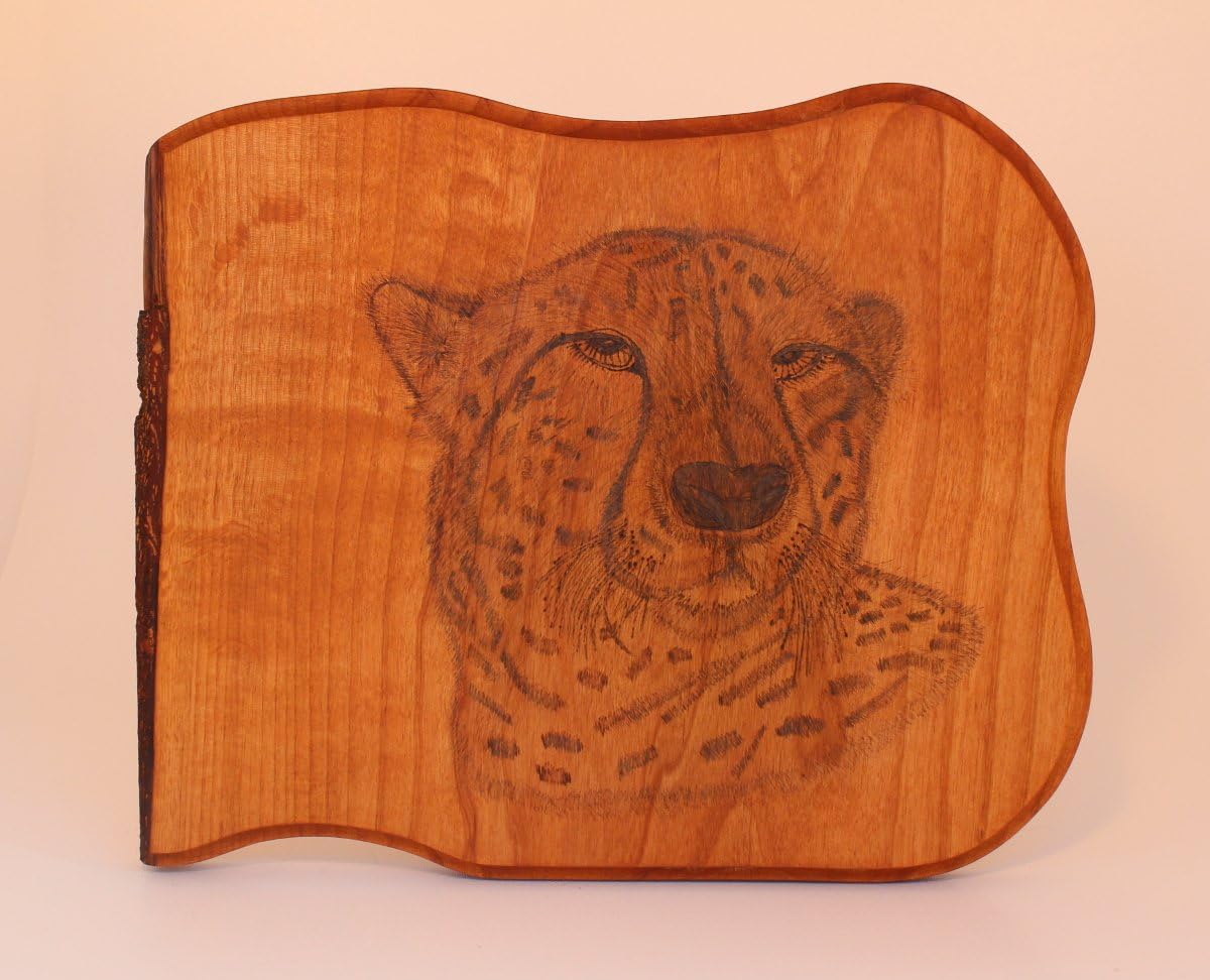Cheetah pyrography art on Alder