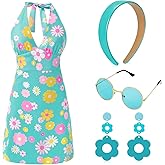 SATINIOR 4 Pcs 60s 70s Women's Hippie Costume Retro Disco Outfit Groovy Earring Headband Dress Sunglasses for Halloween Party