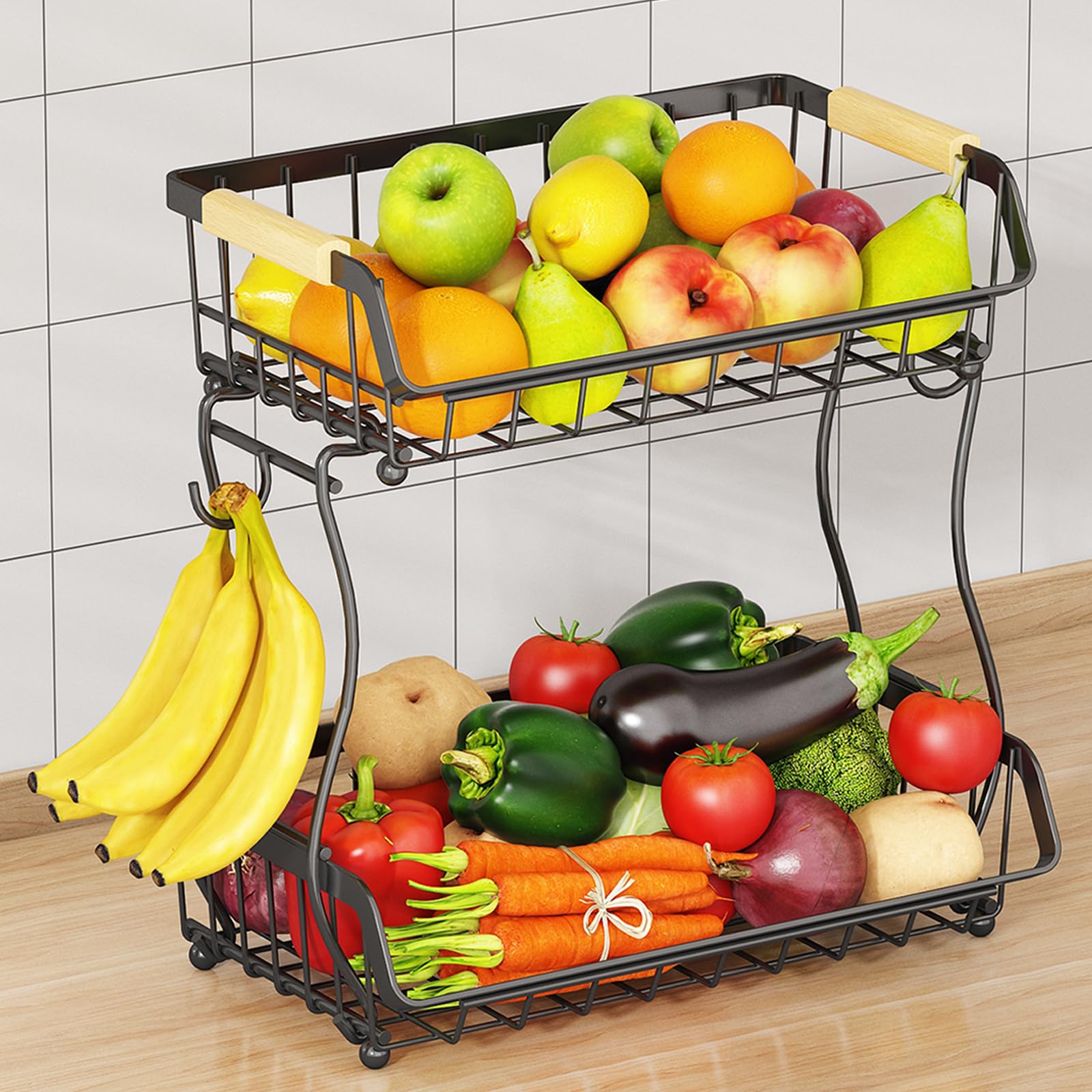 Photo 1 of 2 Tier Fruit Basket with 2 Banana Hangers, Detachable Countertop Fruit Bowls for Kitchen Counter, Metal Wire Fruit Vegetable Storage Holder Stand with Wooden Handles for Bread, Snacks, Veggies