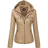 Tanming Womens Faux Leather Jacket Hooded Moto Biker Coat Outerwear Fall Fashion Outfits Winter Clothes