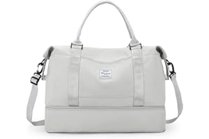 HYC00 Travel Duffel Bag with Shoes Compartment, Shoulder Weekender Overnight Bag for Women,Travel Tote Bag Sports Gym Bag with Wet Pocket,White Grey