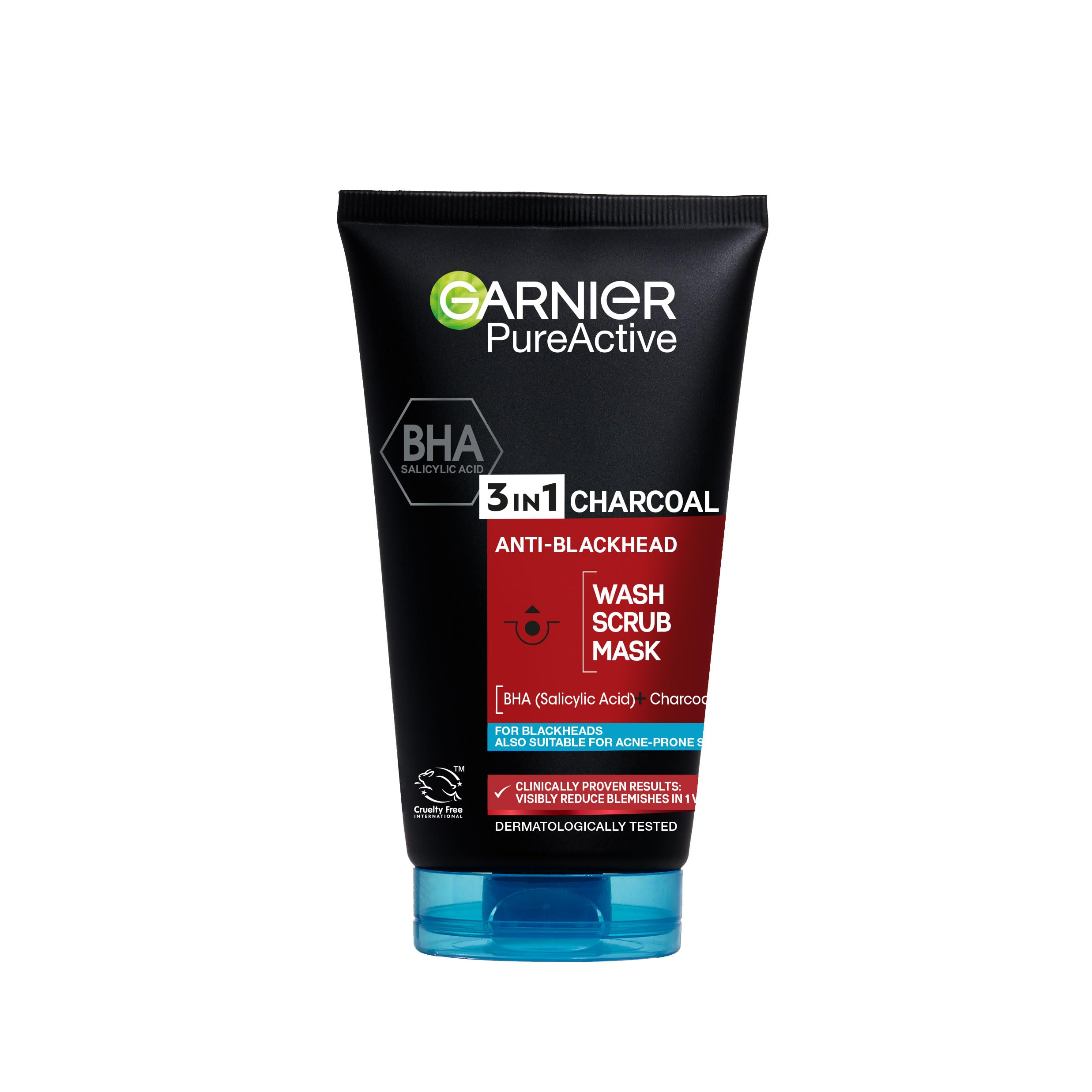 Garnier Pure Active 3in1 Charcoal Anti-Blackhead Mask Wash Scrub, for Oily Spot Prone Skin, Enriched with Salicylic Acid to Purify, Unclog Pores and Mattify 150ml