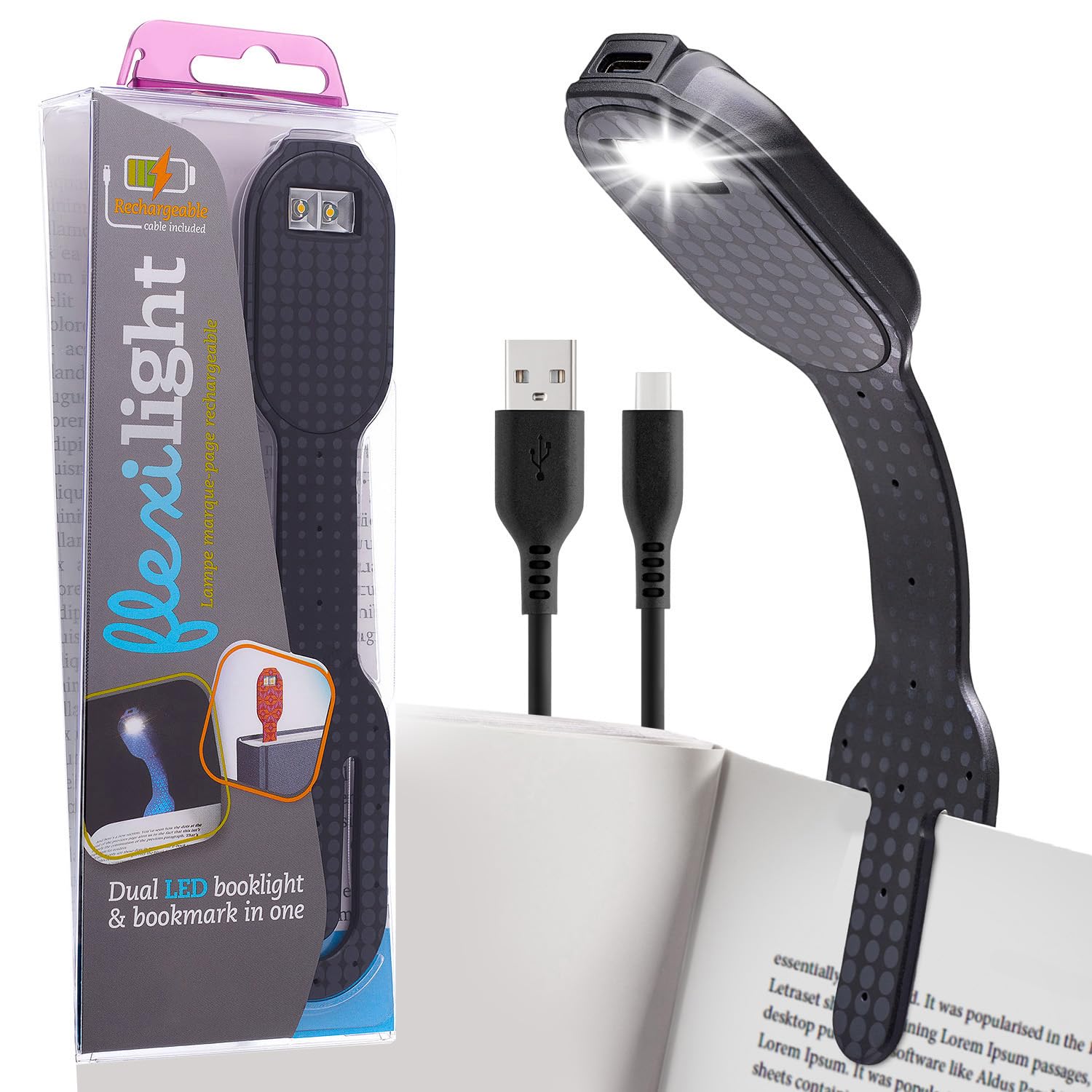 Gifts for Readers & Writers Flexilight USB Rechargeable 2-in-1 LED Reading Light | Bookmark & Clip-On Book Light | Reading Lamp for Children & Adults | Book Torch | Essential Book Accessories