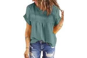 Dokotoo Womens Summer Tops Crewneck Lace Crochet Short Sleeve Shirts Casual Chiffon Blouses