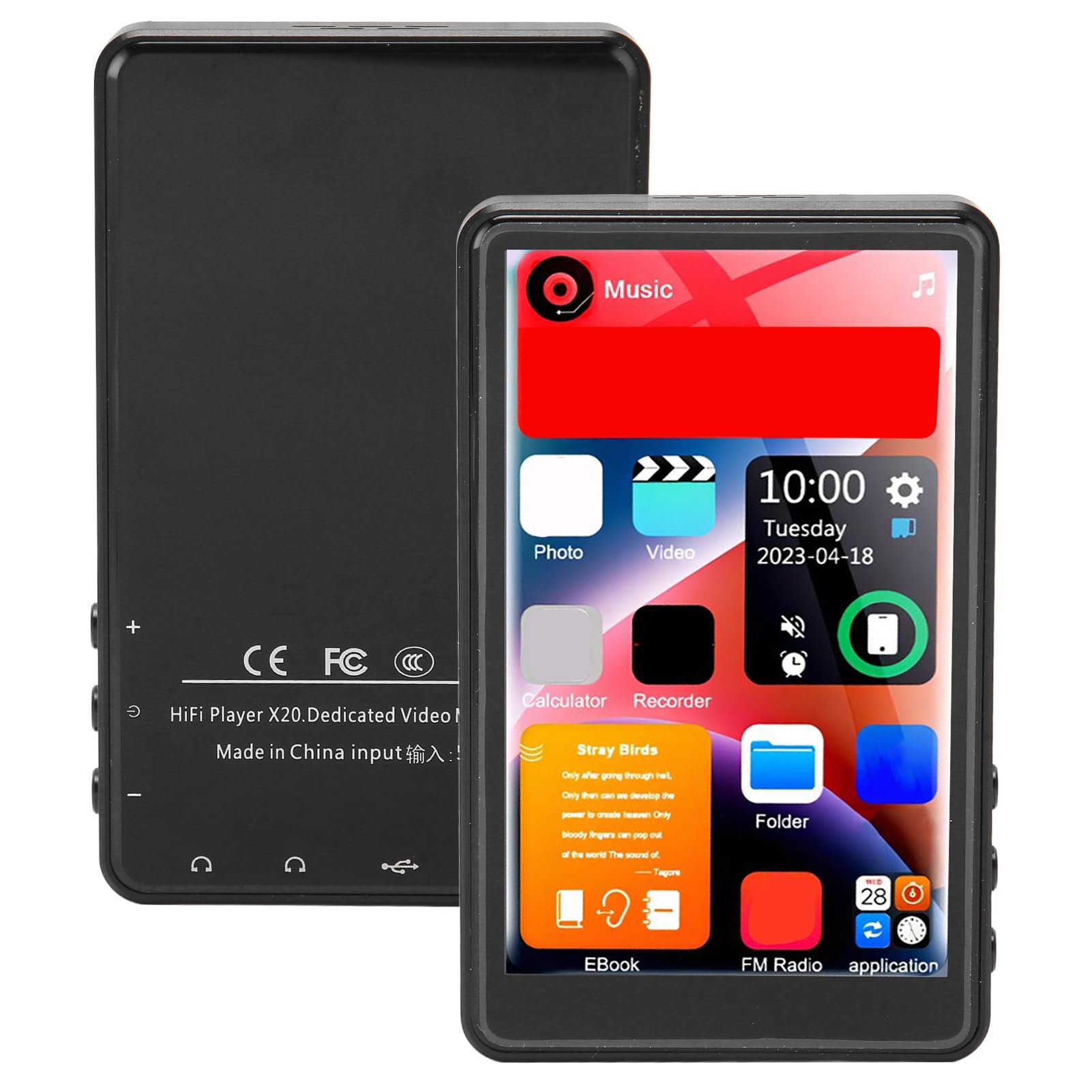 MP3 Player Bluetooth 5.0, 4in Full Touch Screen HD Music Player, 16GB Memory, Type C Fast Charging, Support Recorder Video Play Electronic Dictionary FM Radio (16GB RAM and 64GB Memory Card)