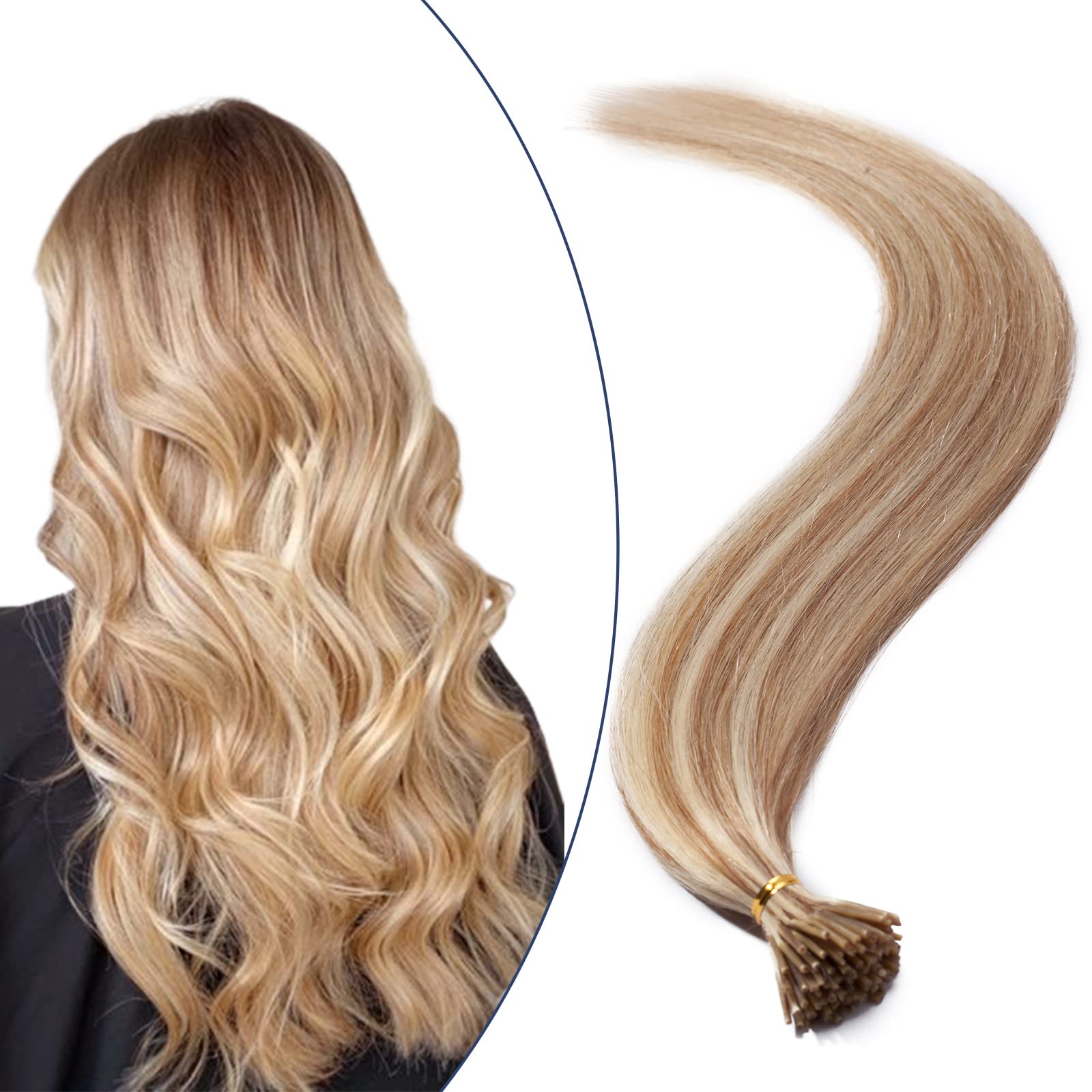 I Tip Pre Bonded Human Hair Extensions Stick Tip - #12P613 Golden Brown&Bleach Blonde 100 Strands 100% Remy 20in Straight