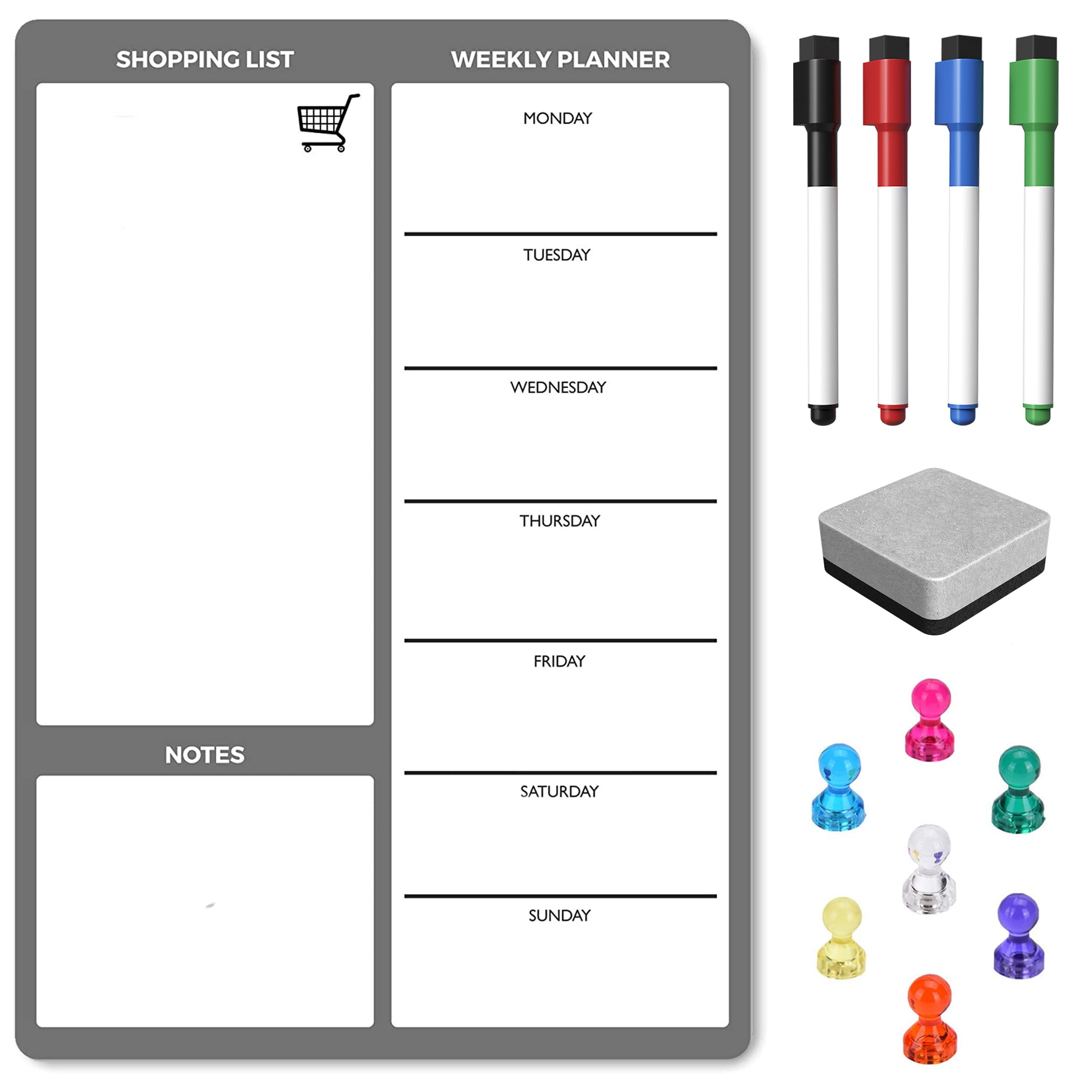 TMS Whiteboard Planner Fridge Magnet 30 x 21cm Magnetic Weekly Planner, Dry Wipe Memo Board, Daily Calendar + Shopping List for Notes, Meal Prep, Reminders or to Do List + Dry Erase Markers