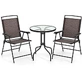 Goplus Patio Bistro Set, 3-Piece Patio Dining Furniture Set with Round Tempered Glass Table, 2 Foldable Chairs, Small Outdoor