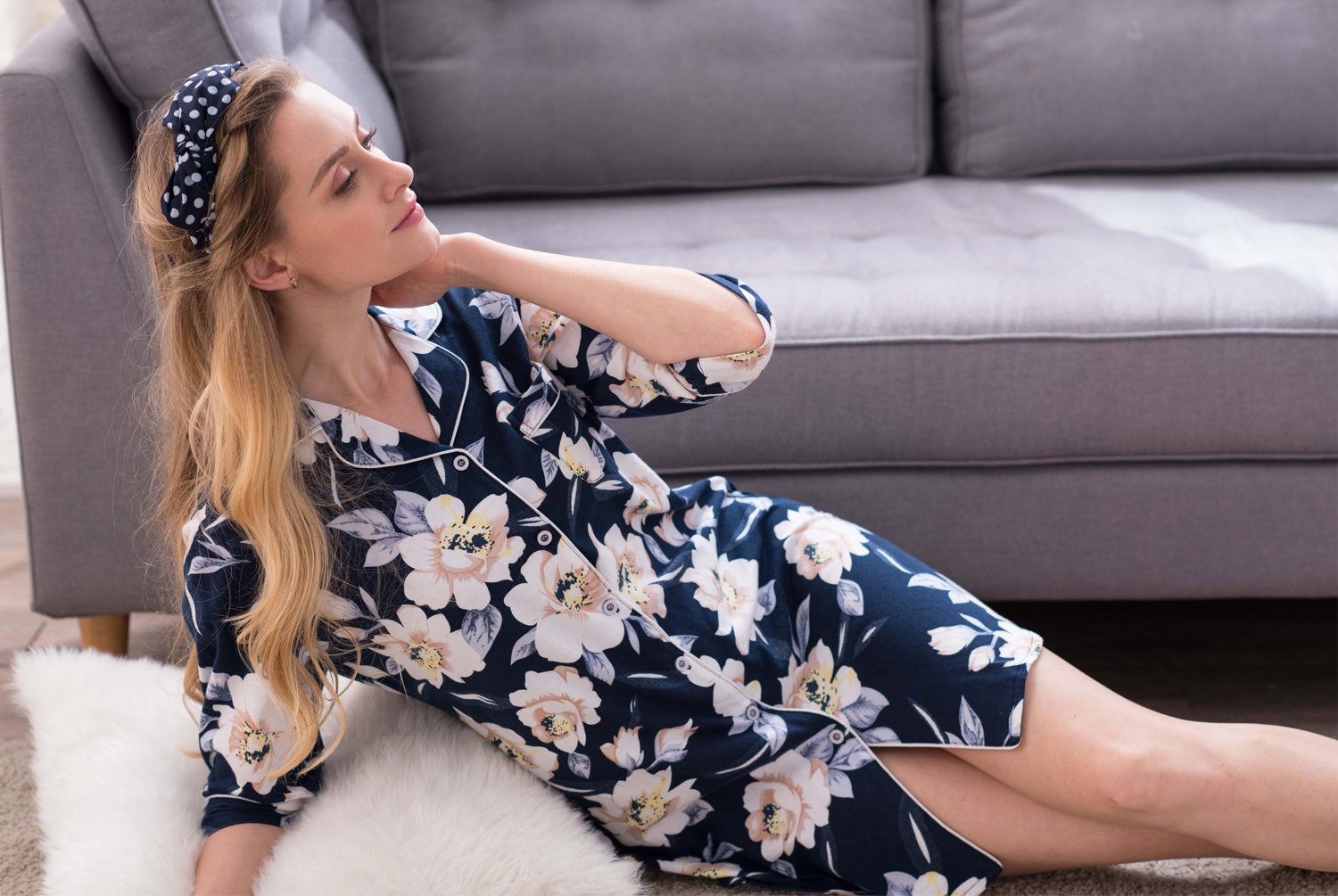 ENJOYNIGHT Women's Sleep Shirt 3/4 Sleeves Pajama Top Button-Front Nightshirt (US (8,10)=Tag L, Floral)