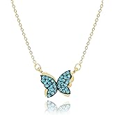 QVY Dainty CZ Butterfly Necklace for Women 14K Gold Plated Blue Crystal Diamond Rhinestone Floating Pendant Jewelry Christmas Gifts for Daughter [BFN-B-G]