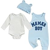 Viworld Newborn Baby Boy Clothes Mama's Boy Overalls Striped Long Sleeve Romper Hat 3Pcs Fall Winter Outfits