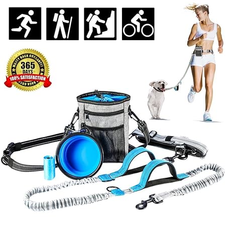 Joggingleine Hundeleine Reflektierende Nähte Freihand Leine für Kleine Große Hunde bis 68kg mit 1 Futterbeutel 1 Reisenäpf 1 