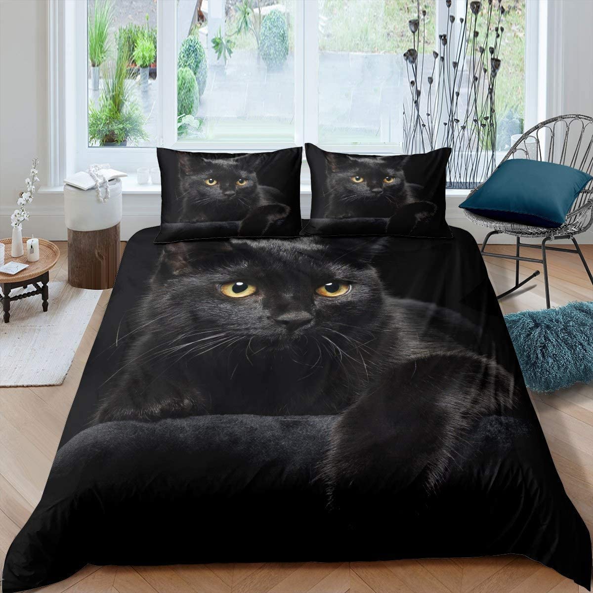 Loussiesd Cat Pet Cats Pattern Bedding Set Double Size Cute Kitten Duvet Cover Set for Kids Lightweight Microfiber Bedding Set Mysterious Black Cat Decor