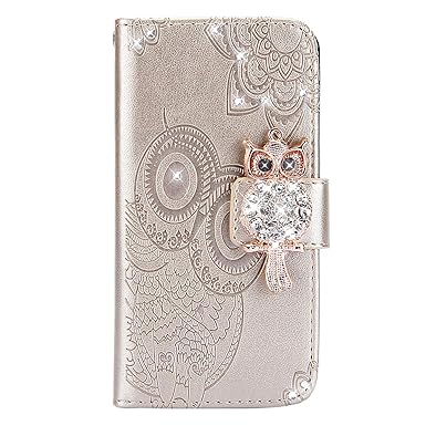 MoreChioce kompatibel mit Galaxy A7 2018 Hülle,kompatibel mit Galaxy A7 2018 Lederhülle,Bunt 3D Gold Eule Muster Bling Glitze