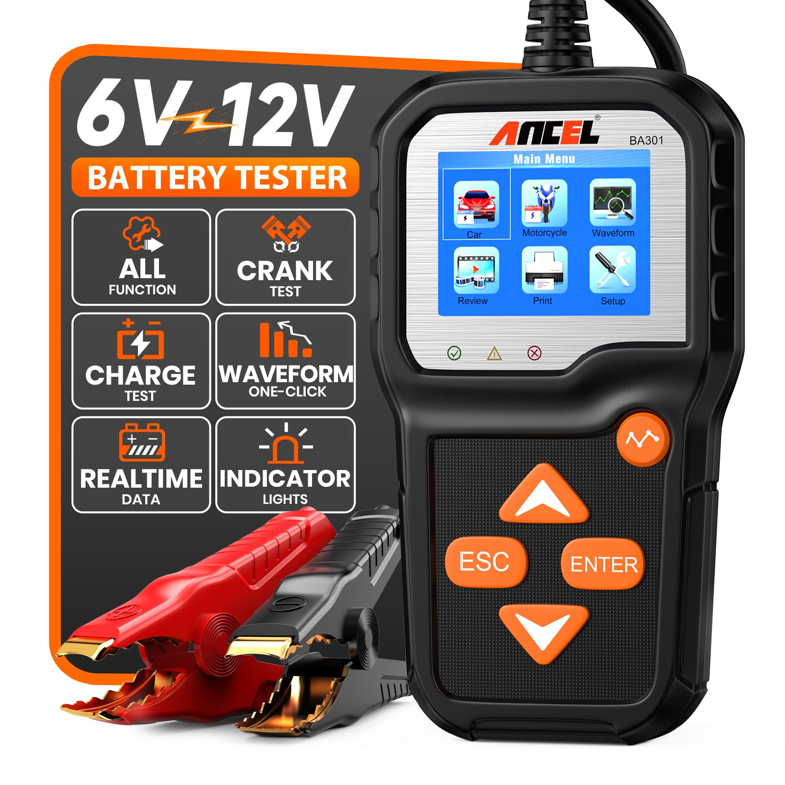 ANCEL BA301 Car Battery Tester 6V 12V, 100-2000 CCA Automotive Load Tester Alternator Tester, Digital Automotive Charge Analyzer and Charging System Test Tool for Car/Moto/Boat/SUV/Truck