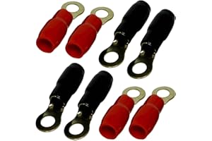 Bass Rockers 4 Gauge AWG Gold Plated Crimp Ring Terminals - Amplifier Car Audio Accessories - Power Ground Wire Battery Cable Connectors - TR4G 8pcs Red & Black