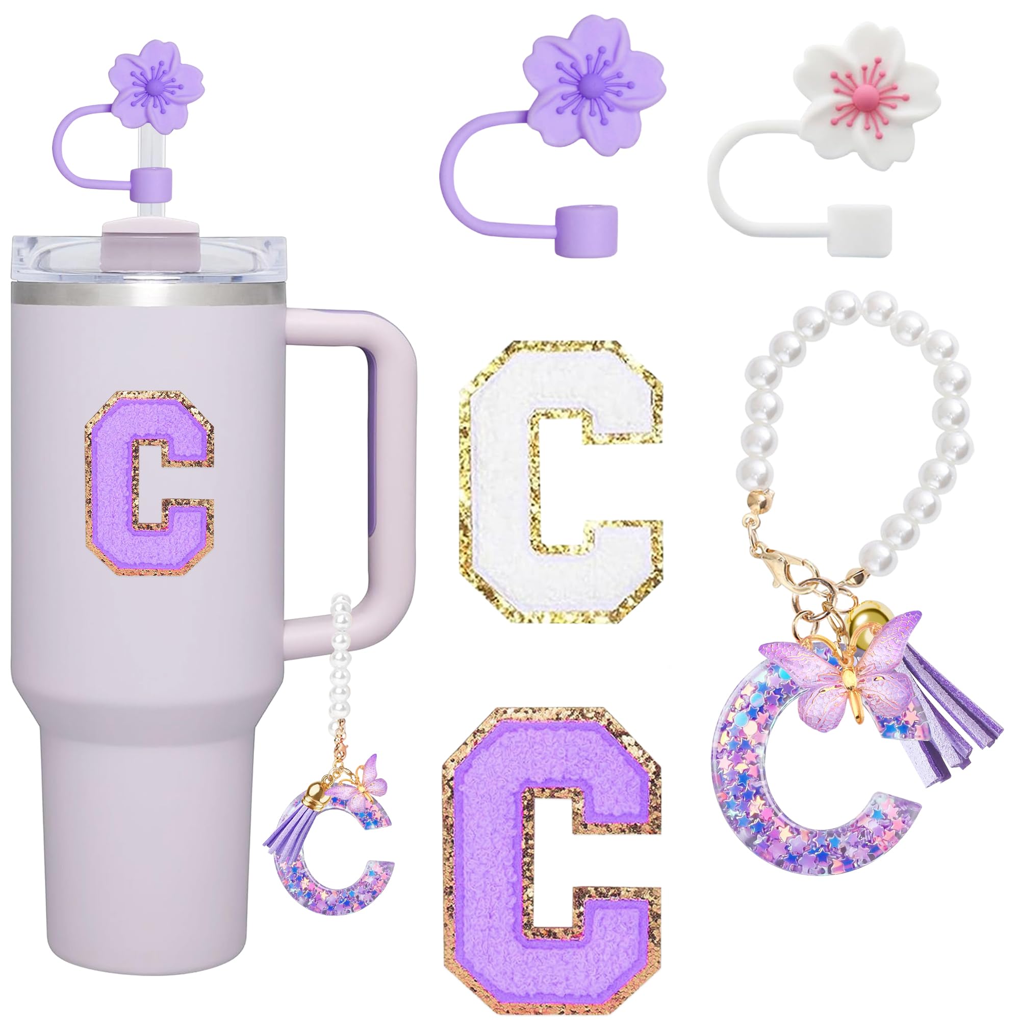 13 Pcs Letter Cup Accessories Set Straw Cover Silicone Boots Compatible with Tumbler 30 oz 40 oz Personalized Initial Name ID A-Z Letter Charm Letter Stickers for Women Girls