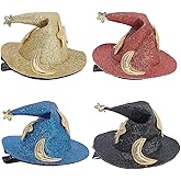 CALFOVERA 4 Colors PU Leather Wizard Hat Hair Clip Halloween Witch Hats Small Hairclips with Iron Alligator Glitter Star Moon Clips for Costume Cosplay Party Hair Decorations Accessories