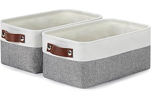 DULLEMELO Storage Baskets for Shelves, Small Fabric Storage Bins with Handles, Decorative Foldable closet storage baskets for organizing shelves(White&Grey, 2 Pack)