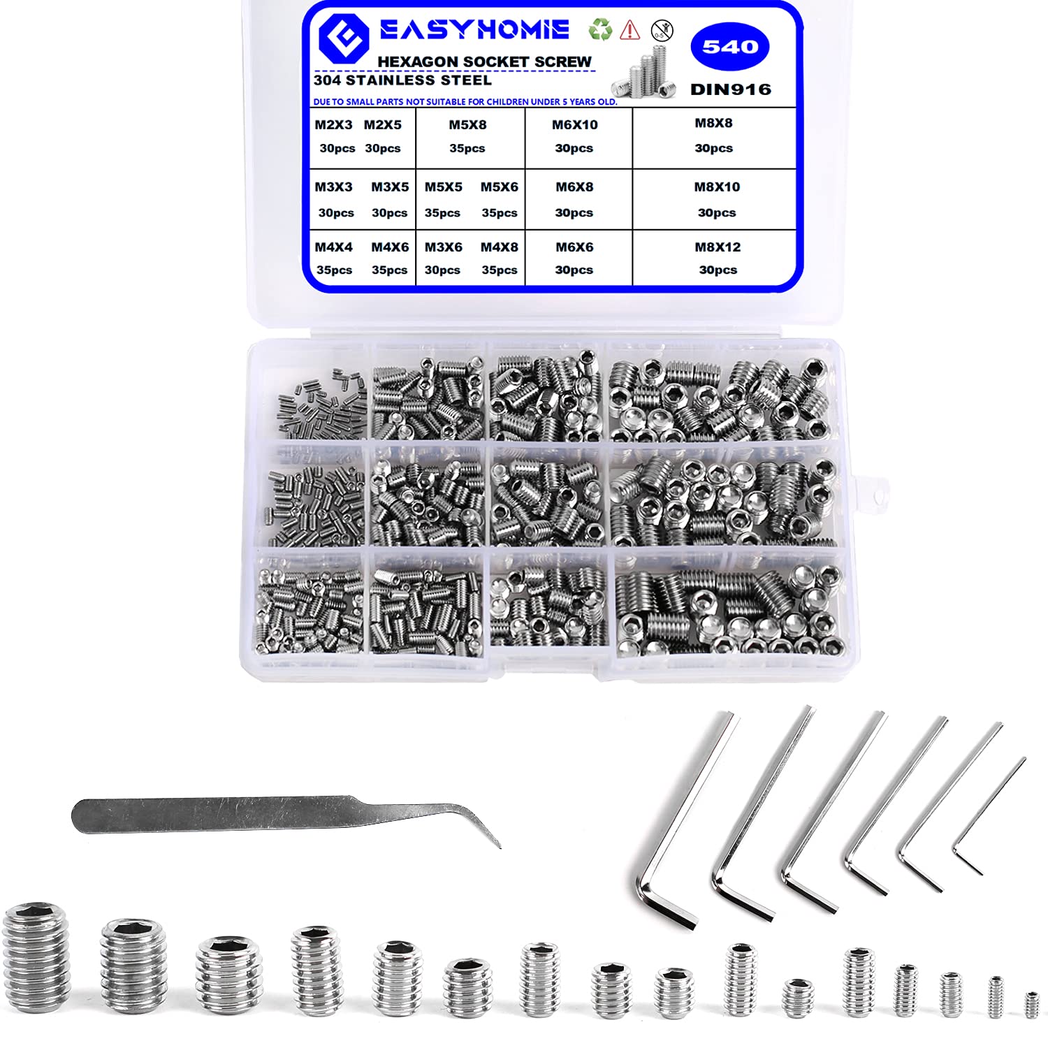 540 Pieces Stainless Steel Grub Screws M2/3/4/5/6/8 Hex Socket Grub Screws with 6 Wrenches for Mounting Machine Parts