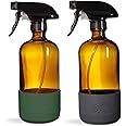 SAVVY PLANET Empty Amber Glass Spray Bottles with Silicone Sleeve Protection - Refillable 16 oz Containers for Cleaning Products, Essential Oils, Misting Plants - Quality Sprayer - 2 Pack
