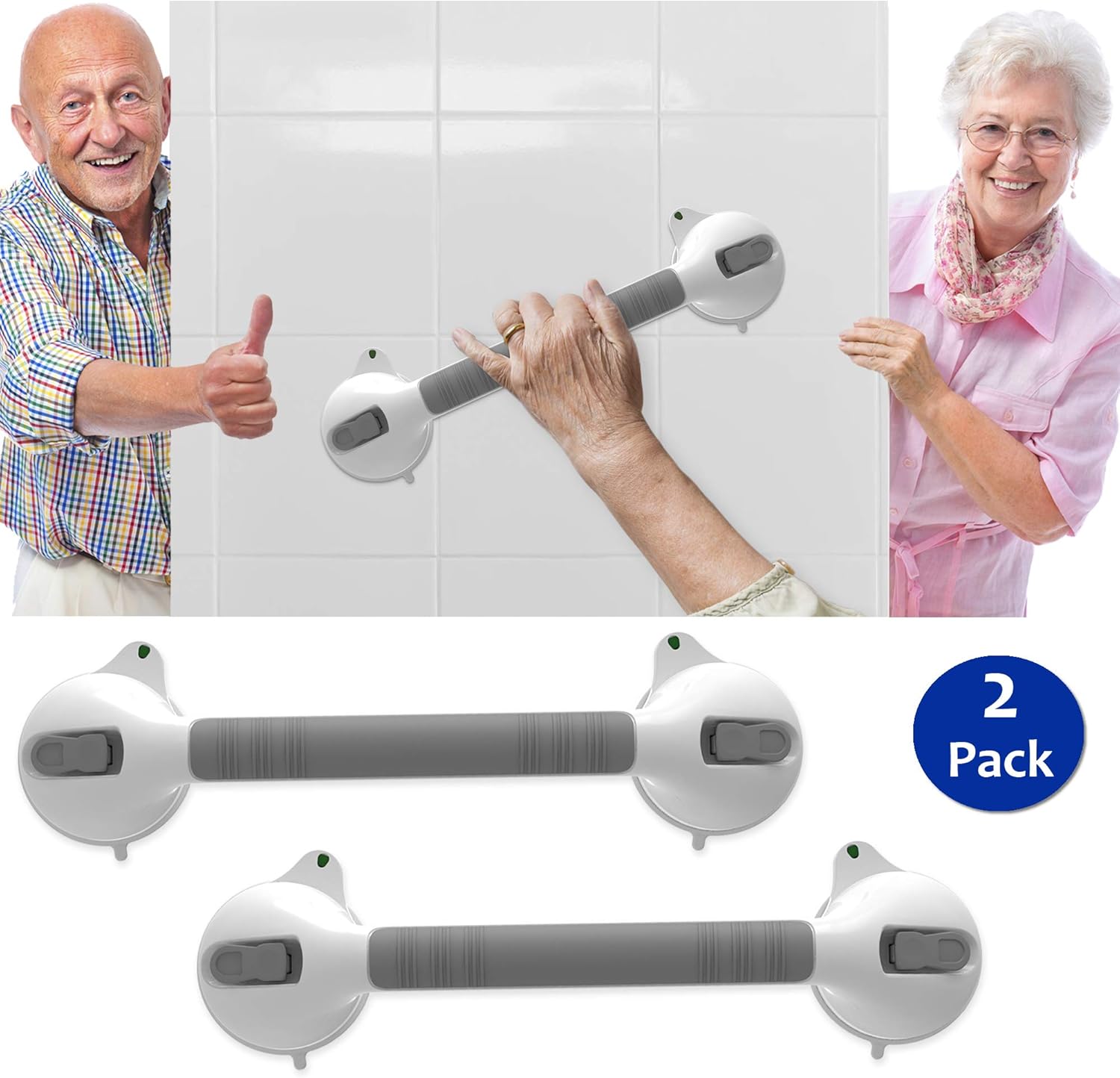 AmeriLuck Suction Bath Grab Bar 16.5" with Indicators, Bathroom Shower Handle (White, 2 Pack): Home & Kitchen