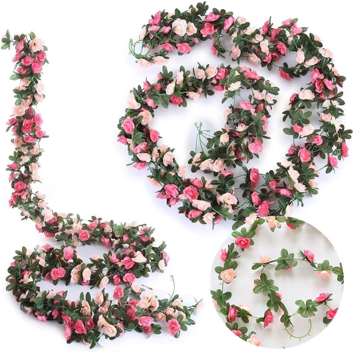 2 Pack Artificial Rose Flower Garland Fake Rose,8.2 ft /2.5m Flower Vine Artificial Flower Hanging Rose Garlands for Home Hotel Office Wedding Party Garden Craft Art Decor