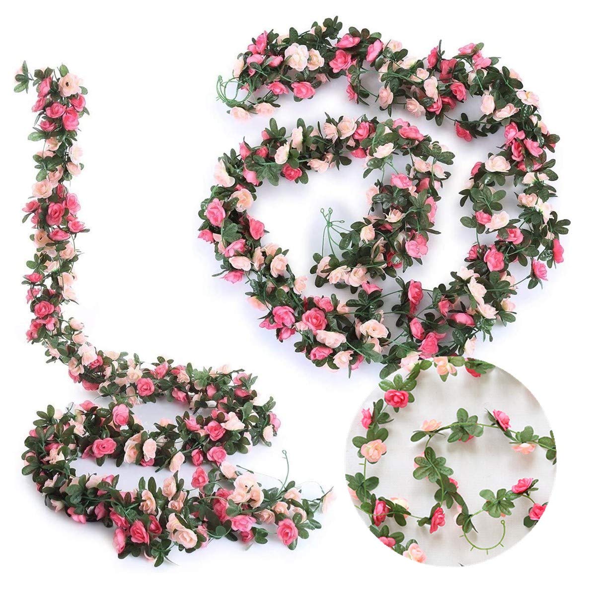 2 Pack Artificial Rose Flower Garland Fake Rose,8.2 ft /2.5m Flower Vine Artificial Flower Hanging Rose Garlands for Home Hotel Office Wedding Party Garden Craft Art Decor