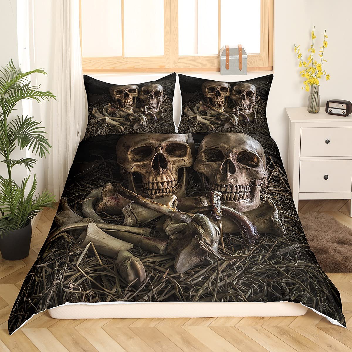 Loussiesd 3D Skull Duvet Cover Set Double Size Luxury Gothic SkullBedding Set Skeleton Bones Print Comforter Cover Scary Bedspread Cover Microfiber Vintage Design Quilt Cover Zipper Closure
