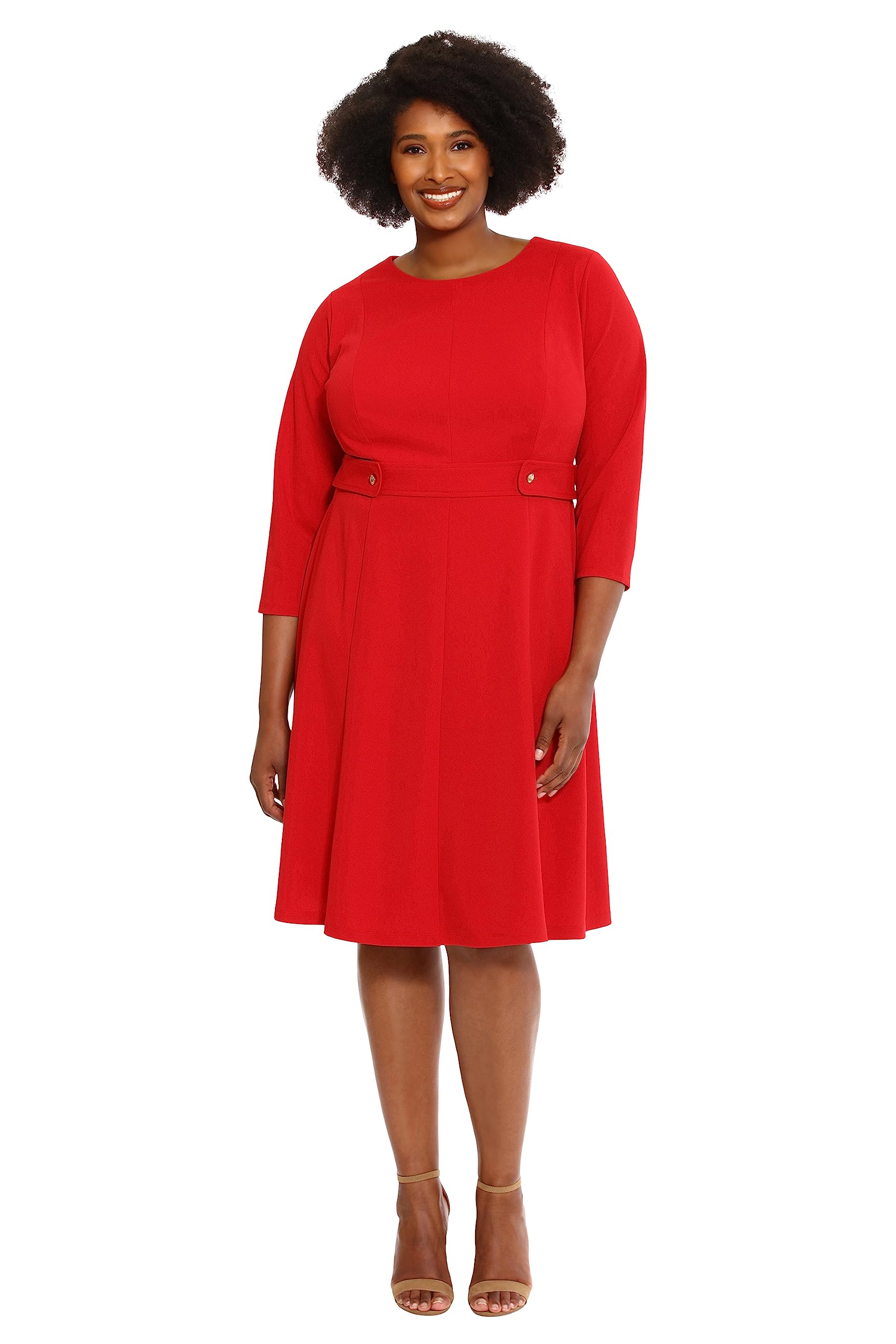London Times Women’s Dresses Crepe Fit and Flare Midi with Waist Button Detail Red
