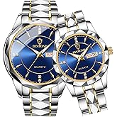dayutech 2PCS Valentines Couple Pair Watches Men and Women Luminous Calendar Waterproof Gold Silver Stainless Steel Blue Face his and Hers Watches Set Lovers Set Wedding