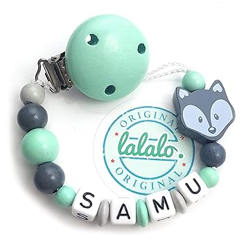 LALALO Schnullerkette Fuchs mit Namen, Baby Schnullerhalter aus Holz, Handmade Individuelle Namenskette zur Geburt, Geburtsta