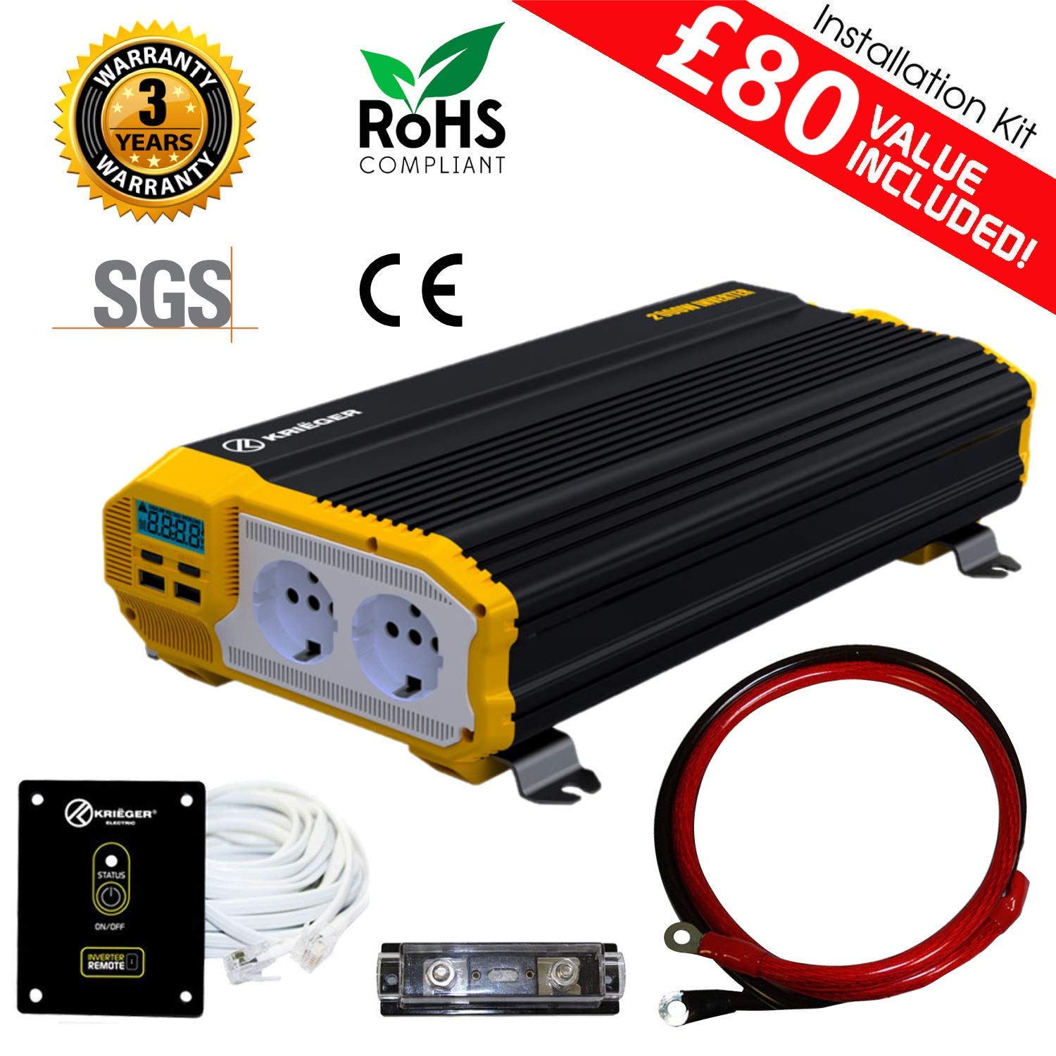 KRIËGER 2000 Watt 12V European Car Power Inverter, Dual 230V AC Outlets