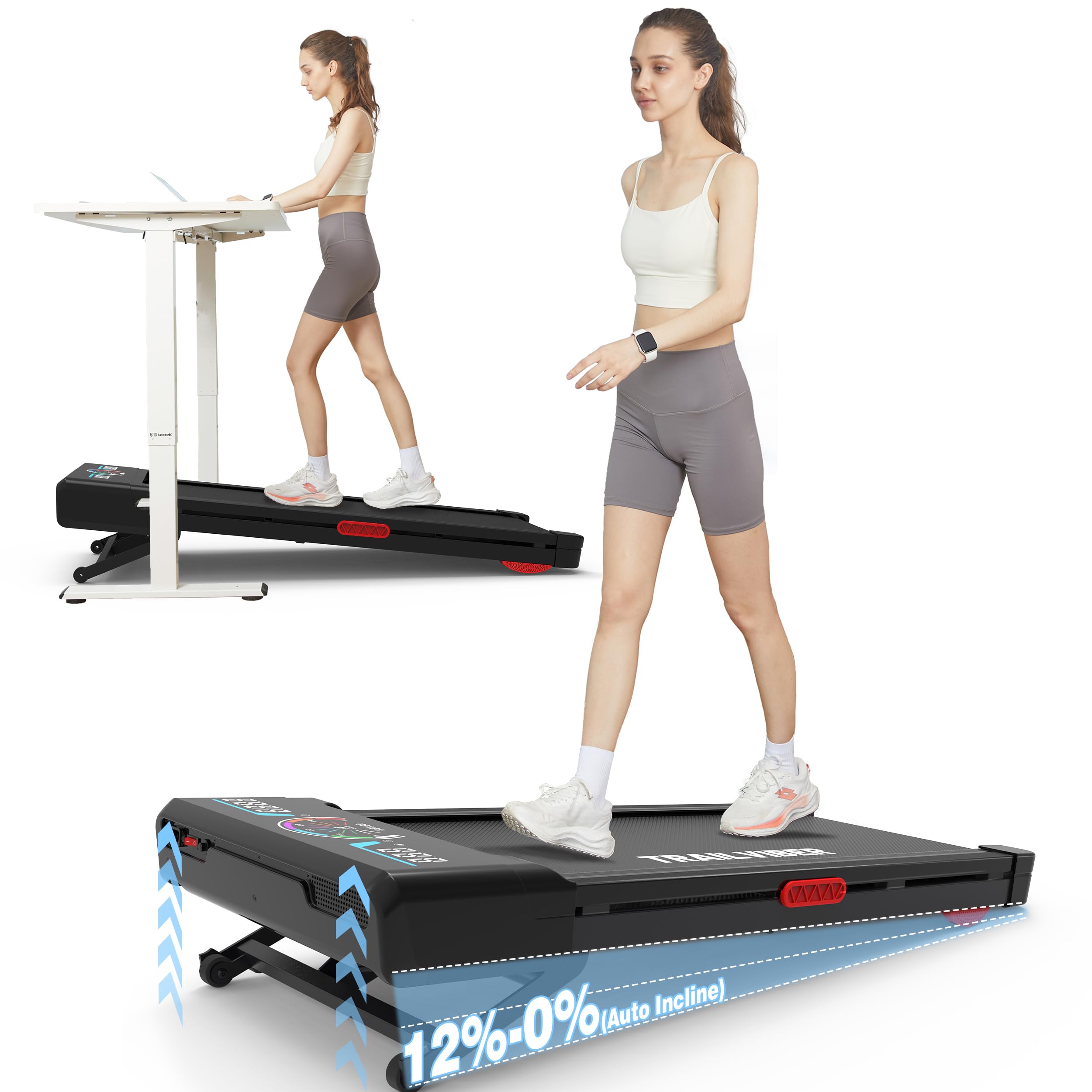 Photo 1 of TRAILVIBER Walking Pad Treadmill with 12% 9-Level Auto Incline, 450 lbs Capacity RGB LED Screen, Bluetooth Speaker Under Desk Treadmill, Compact Treadmills for Home Hiking, Carbon Black