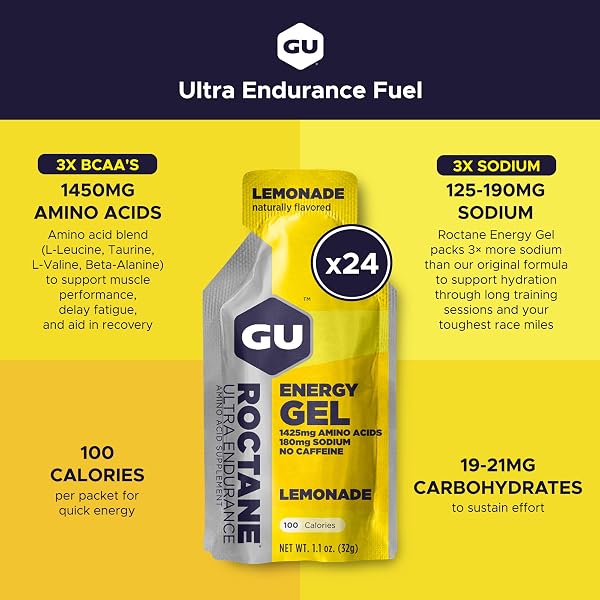 GU ENERGY ROCTANE ULTRA ENDURANCE ENERGY GEL, VEGAN, GLUTEN-FREE, KOSHER, AND DAIRY-FREE ON-THE-GO SPORTS NUTRITION FOR RUNNING, BIKING, HIKING OR SKIING, 24-COUNT, LEMONADE