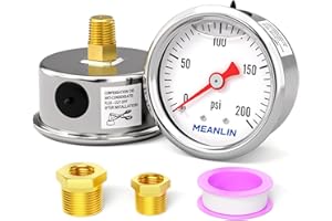 MEANLIN MEASURE 0~200Psi Stainless Steel 1/8" NPT 1.5" FACE DIAL, Glycerin Filled Pressure Gauge, Liquid Filled, Water Oil Air, Back Mount, with 1/4" NPT and 3/8" NPT Hex Bushing