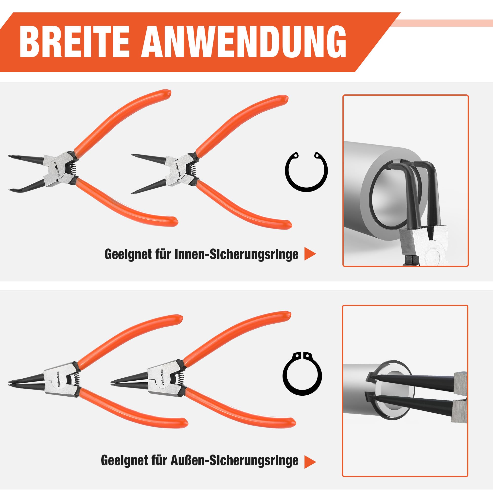 ValueMax Sprengringzangensatz 4tlg.,Sicherungsringzange Set 180mm mit Tasche, für Innen- und Außensicherungen, gerade, gebogen, Seegeringzangen 6