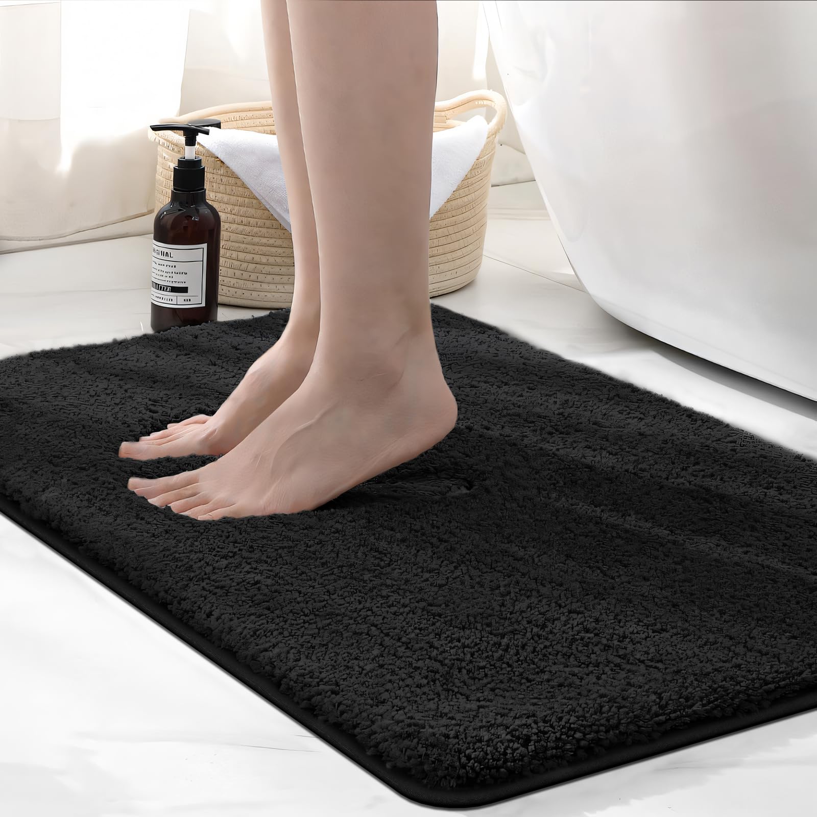 wyewye Microfibre Bath Mat, 2cm Super Thick, Super Absorbent Bathroom Rug 50x80cm Black