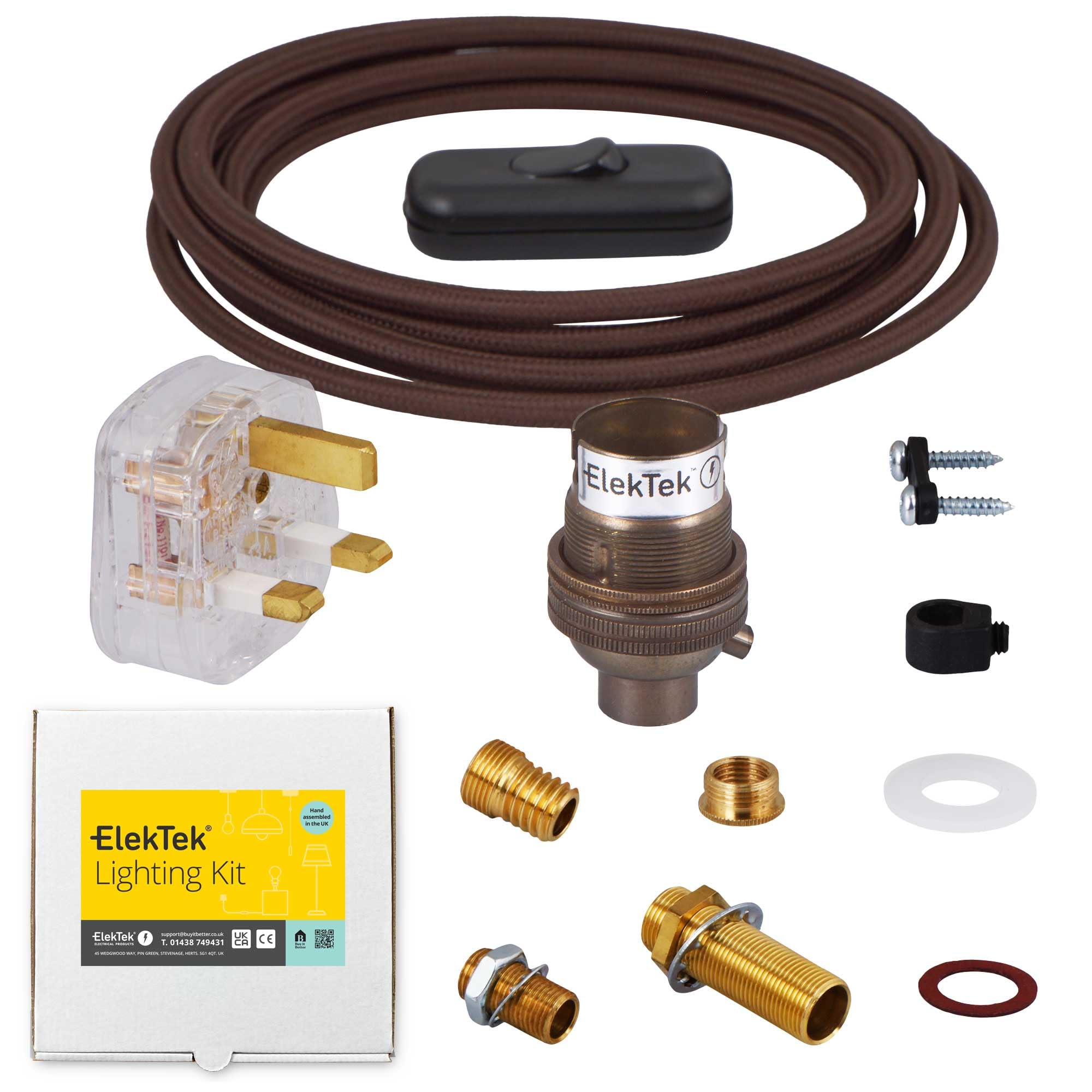 ElekTek Premium Lamp Kit Antique Brass Unswitched B22 Lamp Holder with Round Brown Flex, in Line Switch and 3A UK Plug