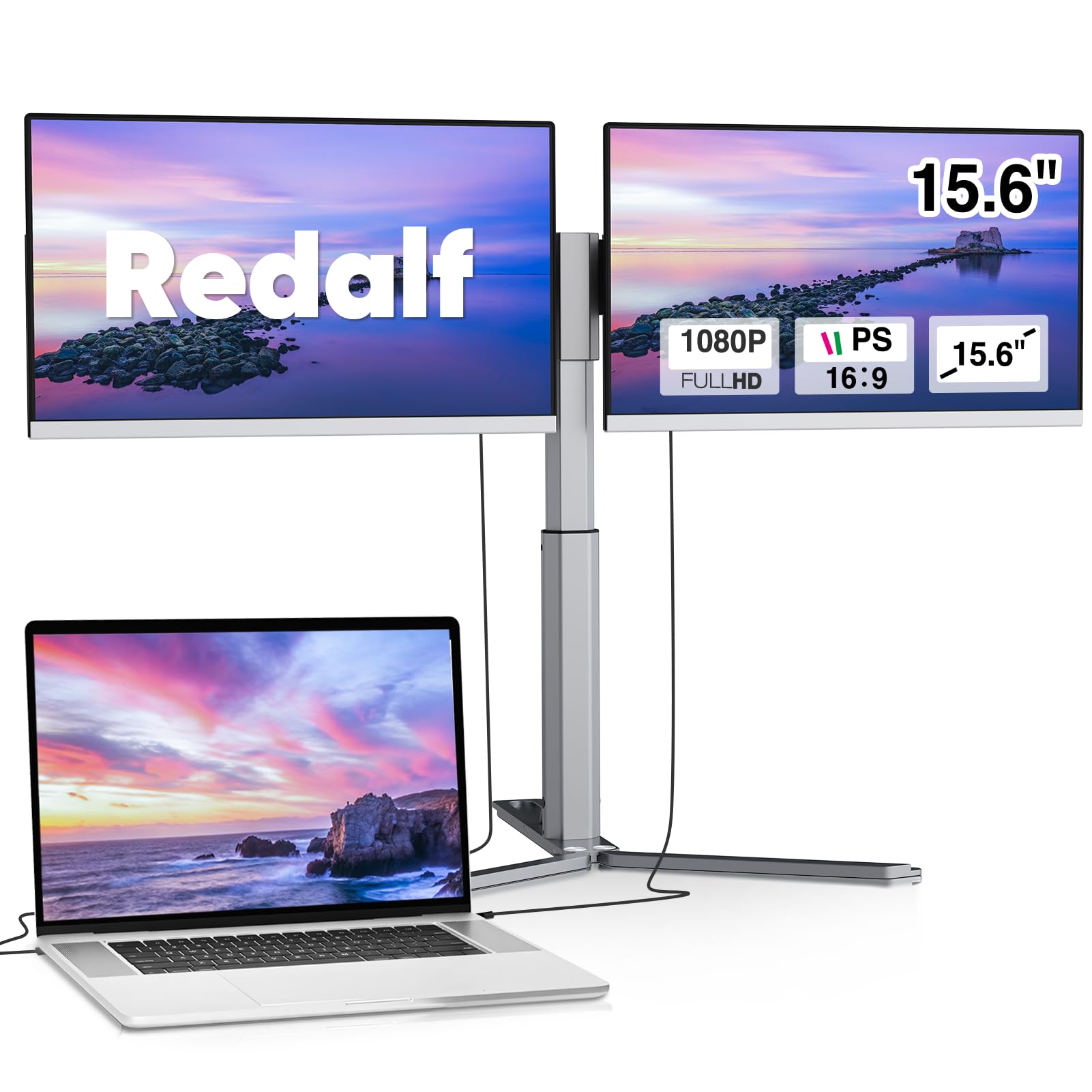 Redalf Extensor de pantalla para computadora portátil, monitor triple portátil de 15,6 para computadora portátil, monitor IPS ultradelgado de marco cero Altavoces incorporados compatibles con Mac, Windows, Chrome, se adapta a computadoras portátiles