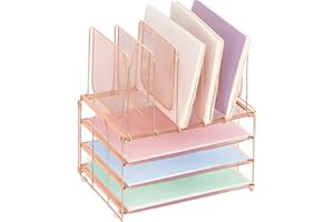LEKETREE Desk Organizers and Accessories, 3-Tier Paper Organizer with 5 Vertical File Holders, File Organizer for Desk (Rose Gold, 3T)