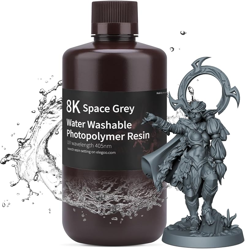 ELEGOO 8K Water Washable Resin 405nm UV 1000G Space Grey for LCD 3D Printers