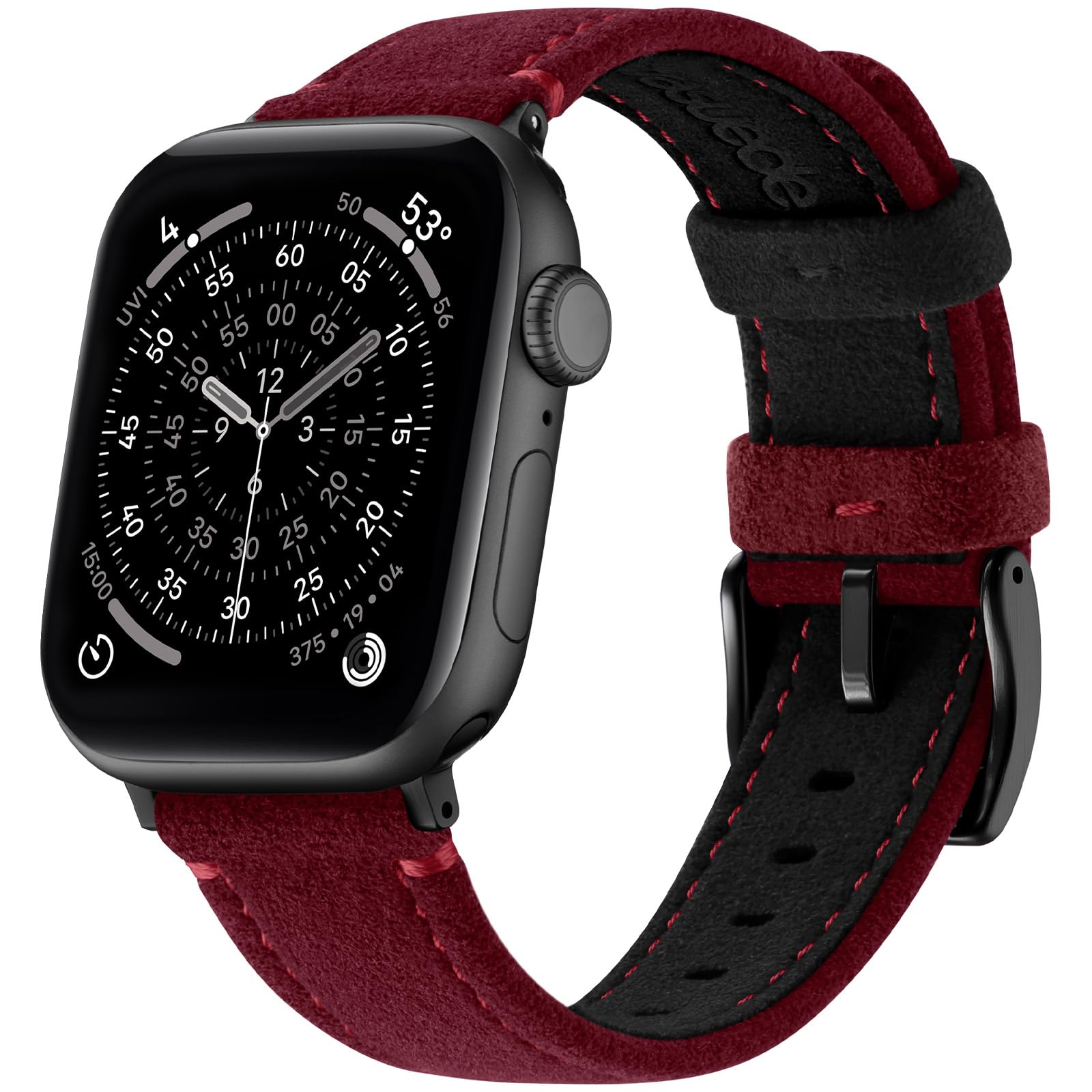 Bandletic Suede Leather Band Compatible with Apple Watch Bands for Women Men, Soft Slim Replacement Strap for iWatch Series 11 10 (42mm), 9 8 7 (41mm), SE3 SE2 SE 6 5 4 (40mm), 3 2 1 (38mm), Red/Black