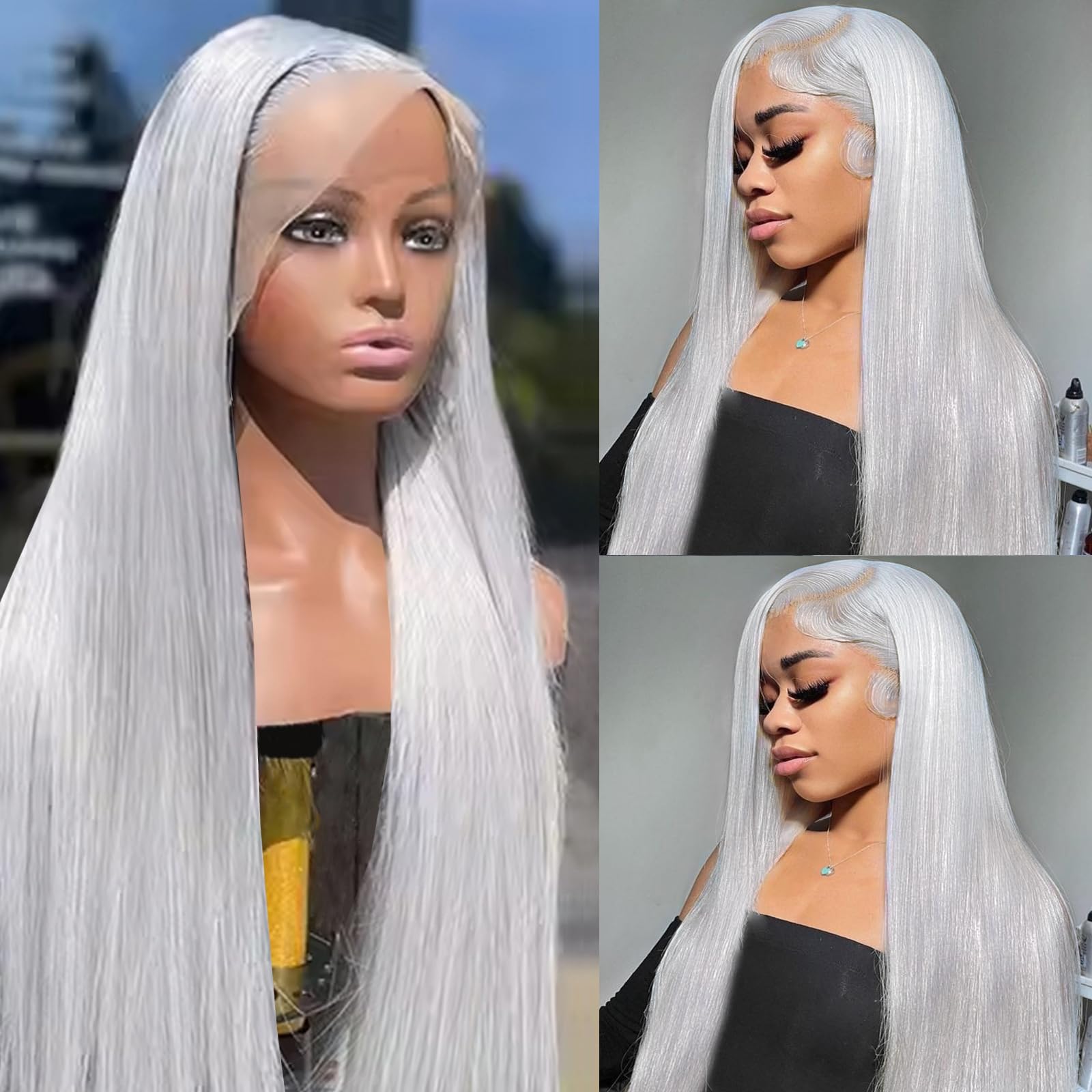 Photo 1 of Munx Human Hair Wigs Lace Front 26Inch Pre Plucked 13x6 HD Transparent Grey Lace Front Wigs for Black Women Glueless Brazilian Virgin Hair Lace Frontal Wig 180% Density with Baby Hair